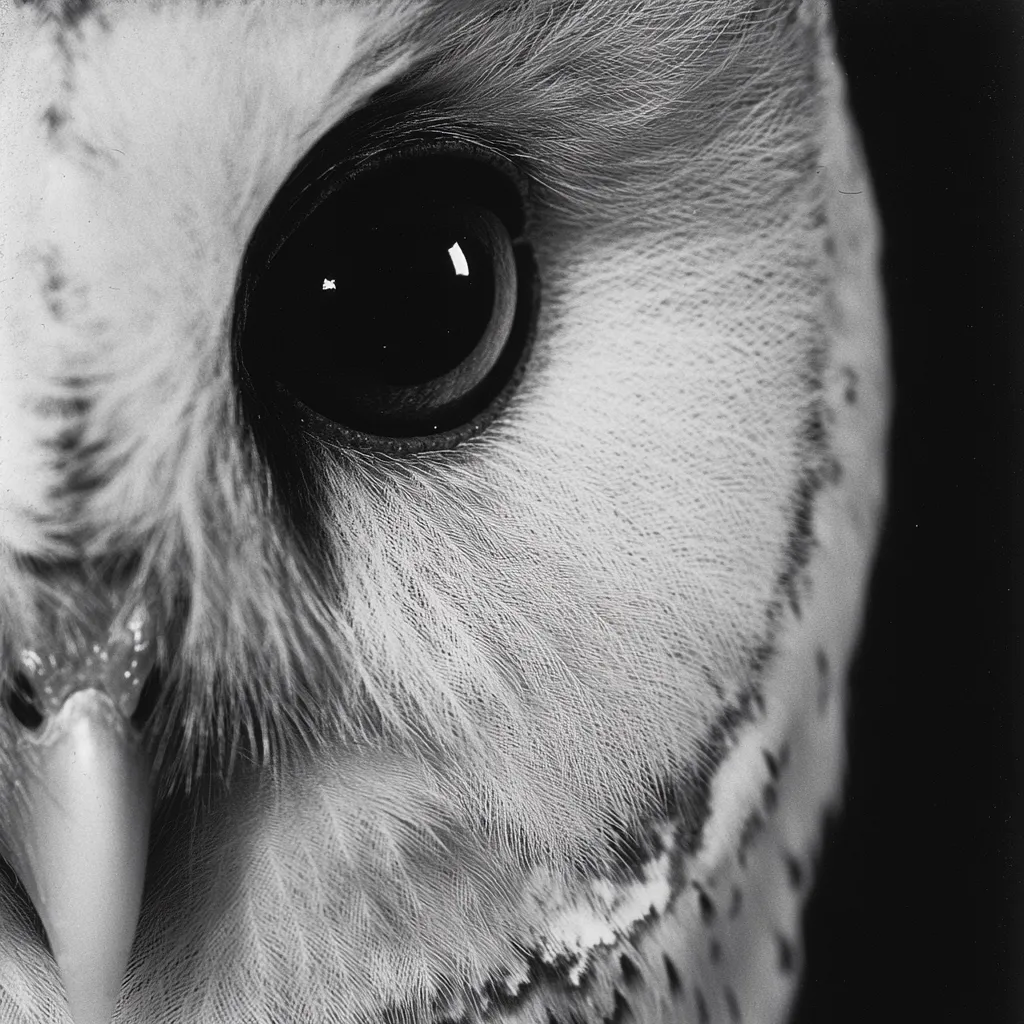 A close-up, black and white photograph captures the intricate details of an owl's face.  The focus is on the owl's large, dark eye, emphasizing the texture of its feathers. The beak is partially visible, and the overall image evokes a sense of mystery and wild beauty. The contrast between light and shadow enhances the depth and detail of the owl's features.