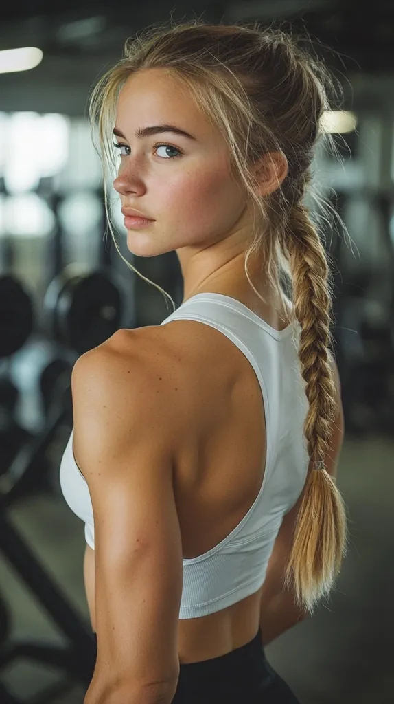 A blonde woman with a long braid looks over her shoulder.  She's wearing a white sports bra, showcasing her toned arms and back, in what appears to be a gym setting.  Her expression is serious, and her freckles are visible. The image focuses on her physique and features a dark, blurred background.