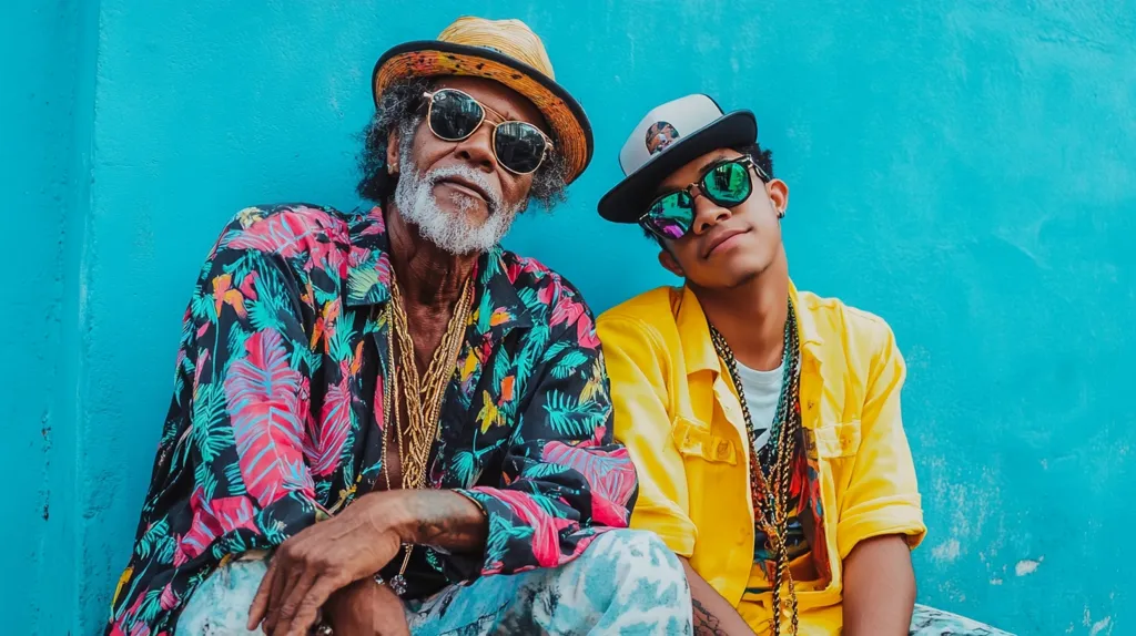 An older man with a white beard, wearing a vibrant floral shirt and straw hat, sits next to a younger man in a bright yellow shirt and baseball cap.  Both men wear sunglasses and gold necklaces, posing against a turquoise wall.  The image conveys a sense of generational connection and vibrant style.