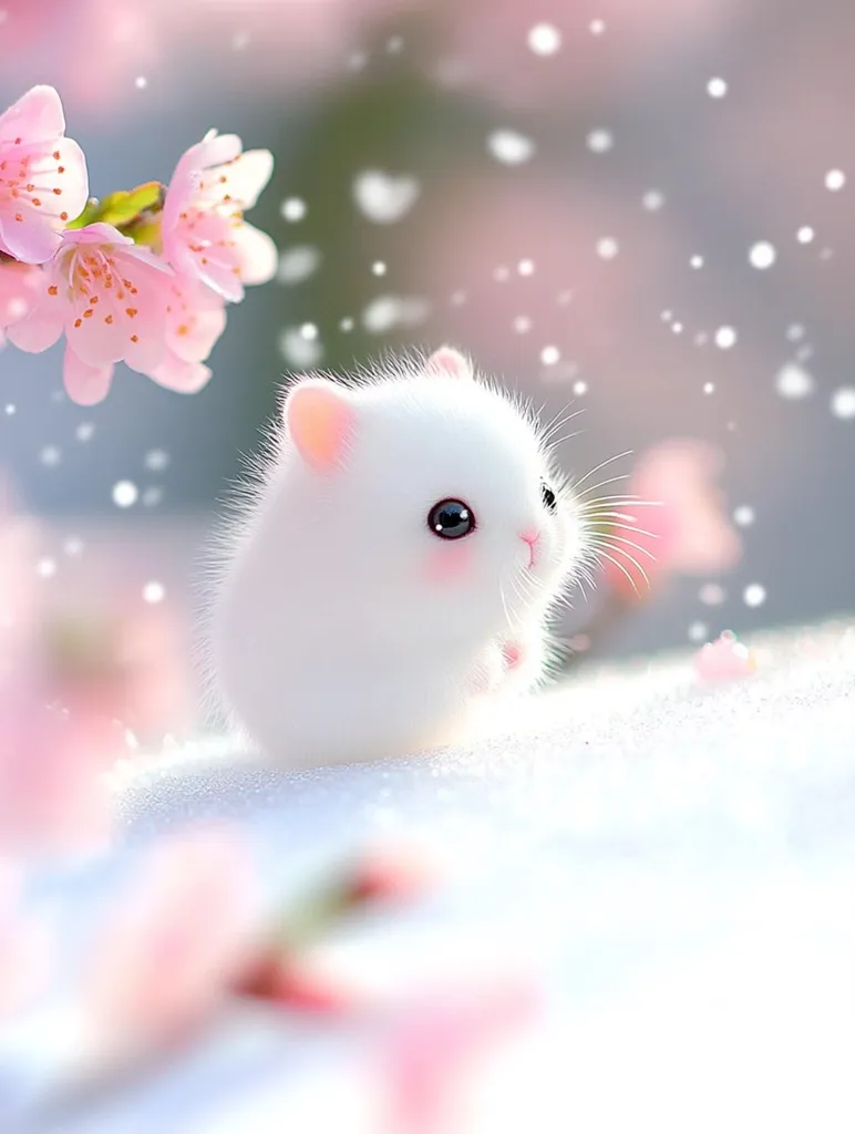 An adorable, fluffy white hamster sits in the snow.  Pink cherry blossoms frame the scene, with delicate snowflakes gently falling. The image evokes a sense of warmth and cuteness, creating a charming winter wonderland setting. The hamster's large eyes and soft fur add to its endearing appeal.