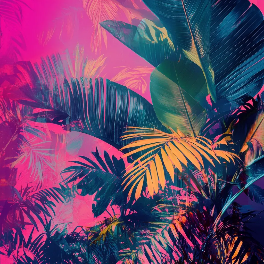 A vibrant, stylized image of tropical foliage.  Large palm leaves in teal, gold, and green dominate the composition, set against a hot pink background.  The image is heavily saturated and features a layered, almost surreal effect, with overlapping leaves and a slightly blurred, dreamlike quality. The colors are bold and contrasting, creating a visually striking piece.