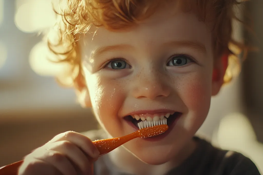 A close-up shot of a toddler with curly red hair brushing his teeth.  He has bright blue eyes and a wide, happy smile.  Sunlight illuminates his face, highlighting his freckles. The orange toothbrush is partially visible in his mouth. The image evokes a feeling of warmth and innocence.