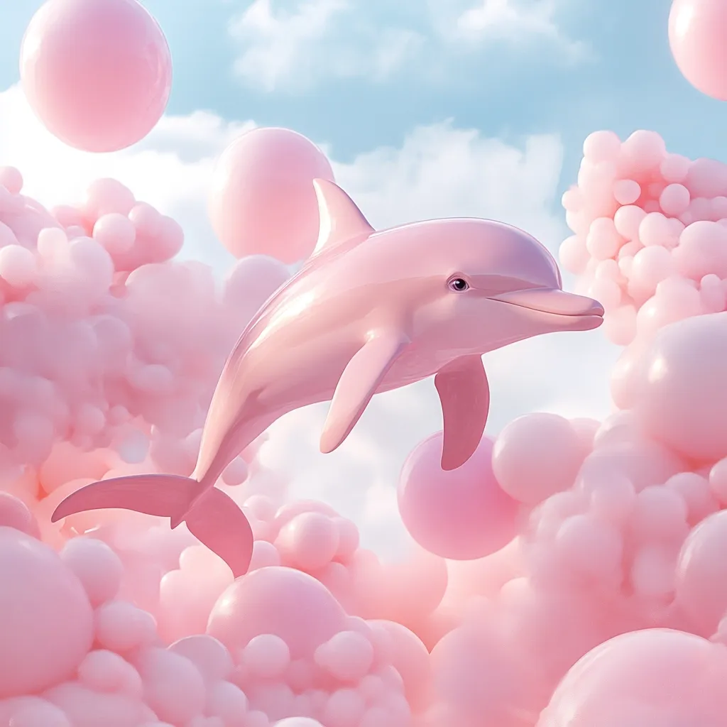 A whimsical illustration depicts a light pink dolphin leaping through a dreamy sky filled with fluffy, pastel pink bubbles. The dolphin, rendered in a smooth, almost porcelain-like texture, appears weightless against the soft, light background.  The overall aesthetic is playful and sweet, suggesting a fantastical, dreamlike world.