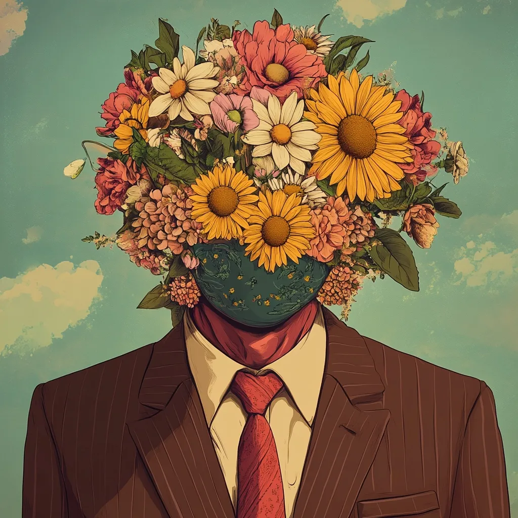 A stylized illustration depicts a person in a pinstripe suit. Their head is replaced with a vibrant bouquet of sunflowers, daisies, and other wildflowers, creating a striking contrast between the formal attire and the blossoming floral headpiece. The background features a serene sky with fluffy clouds, enhancing the surreal and dreamlike quality of the artwork. The overall style is reminiscent of vintage illustrations with a touch of surrealism.