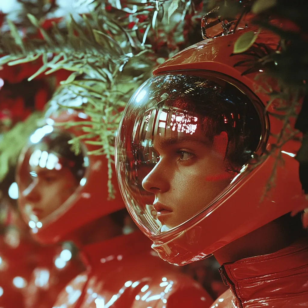Close-up view of a person wearing a red astronaut helmet with a clear visor.  The helmet reflects a blurry interior scene.  The individual's face is partially visible, showing a serious expression. Other figures in similar red suits and helmets are blurred in the background, partially obscured by lush green foliage. The overall atmosphere is stylized and somewhat surreal.
