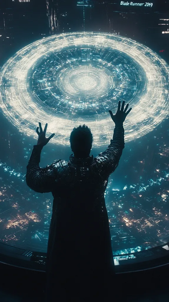 A silhouetted figure stands with arms raised, gazing at a large, glowing, circular structure in a futuristic cityscape.  The image is titled "Blade Runner 2049," suggesting a cyberpunk aesthetic. The city below is a vast expanse of illuminated buildings and streets, creating a dramatic contrast with the figure's dark form and the bright, otherworldly orb. The scene evokes a sense of mystery and awe.