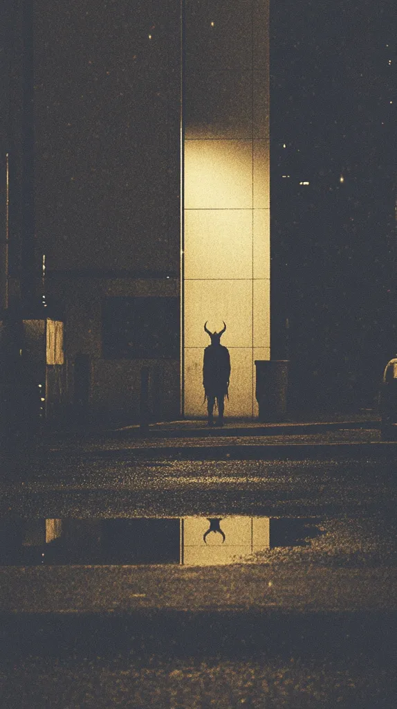 A figure, silhouetted against a brightly lit wall, stands in a dark city alley.  The figure wears a horned headdress, adding to the ominous atmosphere.  A puddle reflects the figure's shape, mirroring the unsettling scene. The overall tone is dark and mysterious, suggesting a sense of unease and the unknown.