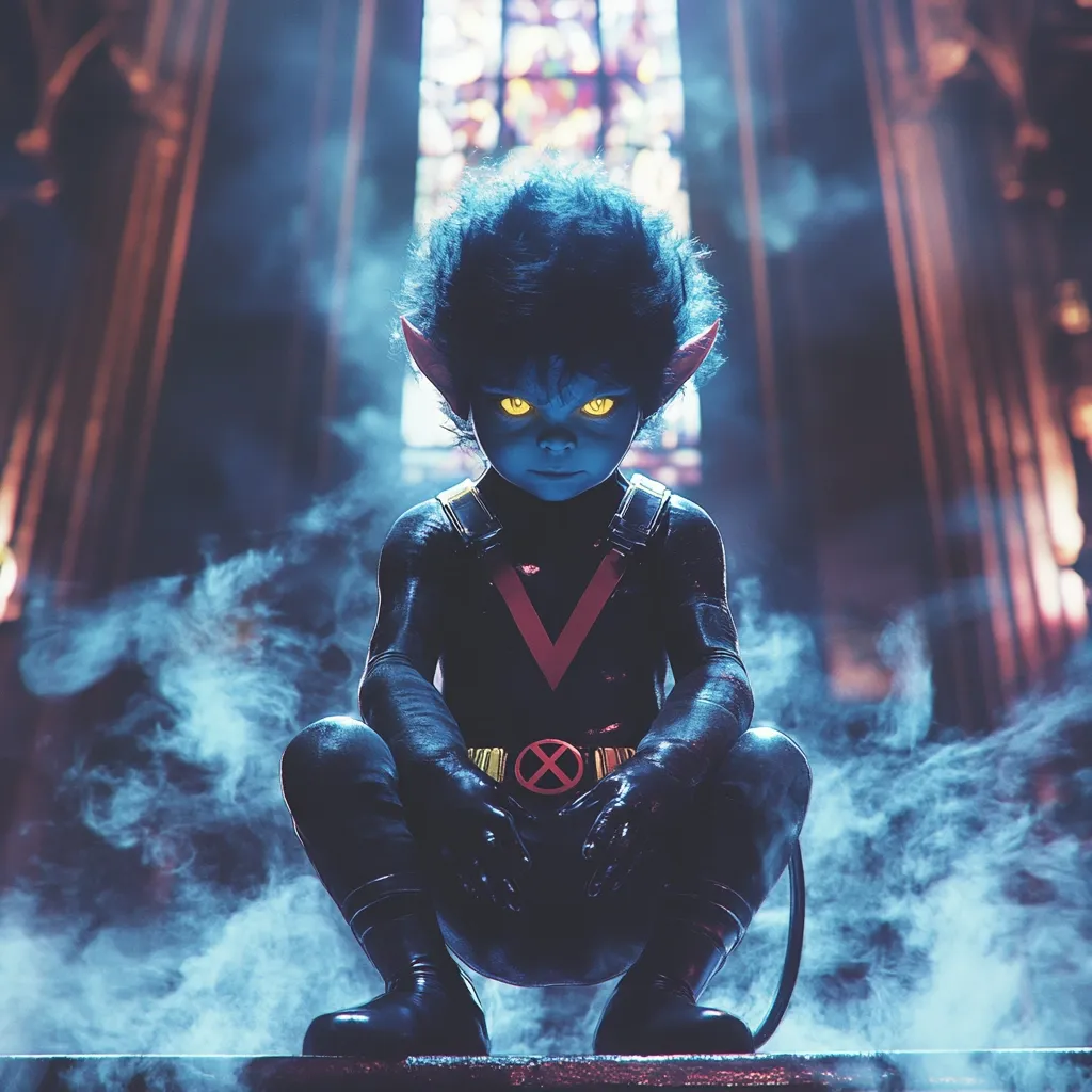 A digital rendering depicts a young Nightcrawler, a blue-skinned mutant with pointed ears, seated in a dimly lit gothic setting.  He wears a dark, form-fitting suit with a red "V" and X-Men emblem.  Glowing yellow eyes pierce through the smoky atmosphere, creating a dramatic and intense mood. The background suggests a grand, possibly religious, architecture.