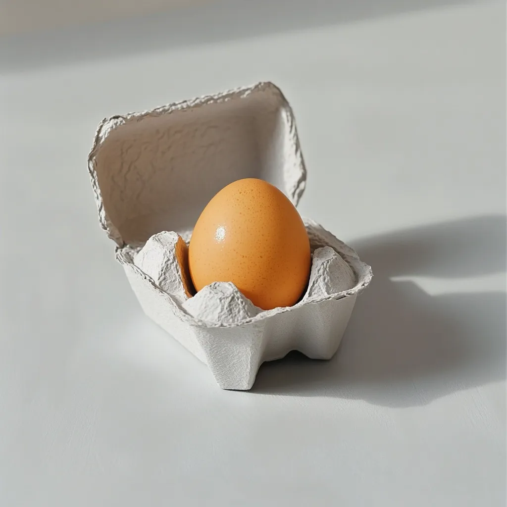 A single brown chicken egg rests in a light gray, partly opened cardboard egg carton.  The carton sits on a light gray surface, illuminated by sunlight casting a subtle shadow. The image is minimalist and focuses on the simplicity of the egg and its container.