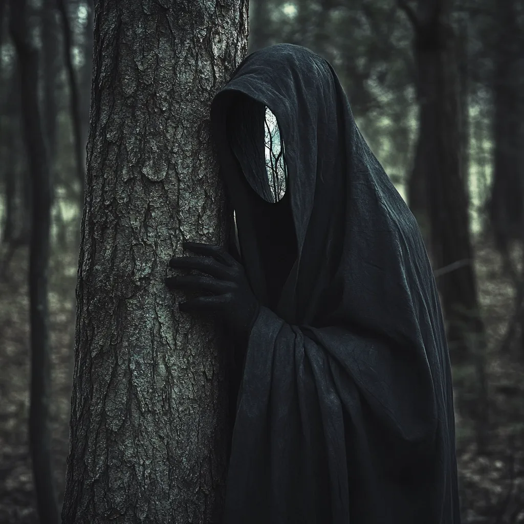 A shadowy figure, cloaked in dark robes and a deep hood, stands hidden behind a tree trunk in a somber forest.  The figure's face is obscured, only a glimpse of the trees behind is visible through the hood.  The overall atmosphere is eerie and mysterious, evoking a sense of foreboding and the unknown within the dark woods. The image's dark tones and blurred background enhance the mysterious and slightly frightening ambiance.