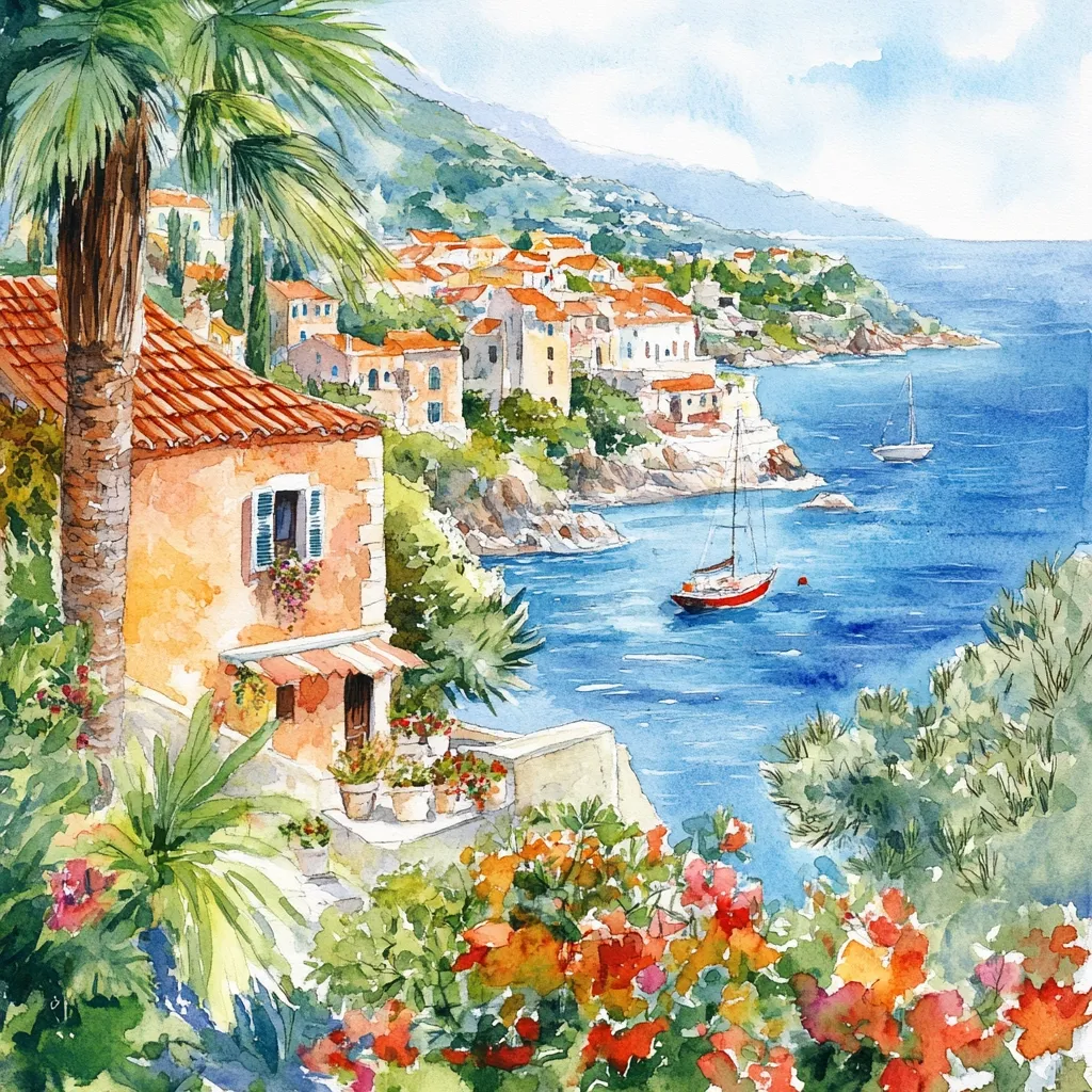 A watercolor painting depicts a picturesque Mediterranean coastal scene.  A charming terracotta-roofed house, nestled amongst lush greenery, overlooks a calm bay.  Sailboats dot the azure water, while a hillside village of similar architecture climbs the slopes beyond.  Vibrant flowers add a splash of color in the foreground, enhancing the idyllic ambiance.  The sun-drenched scene conveys a sense of tranquility and warmth.