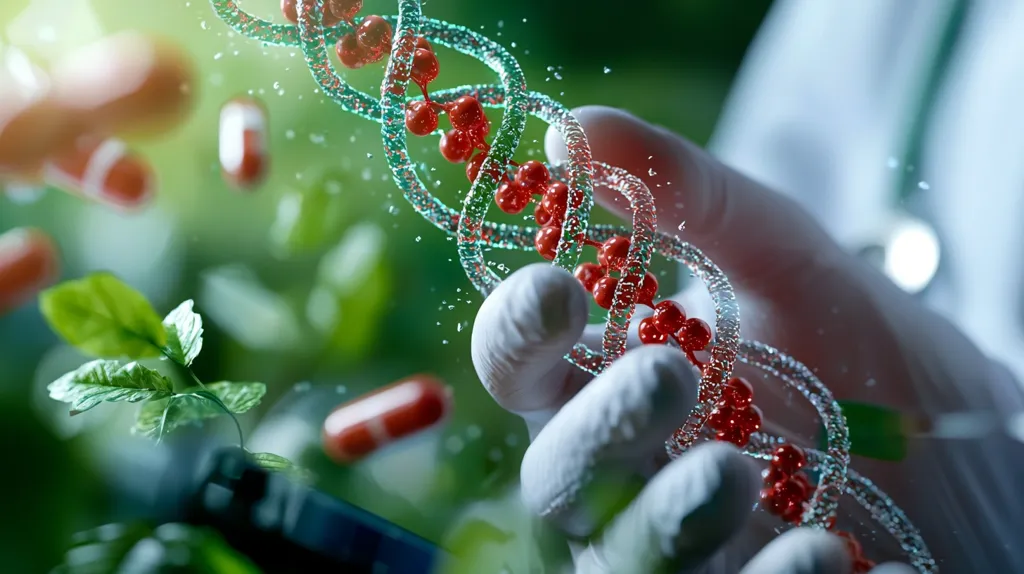 A scientist's gloved hands gently hold a translucent DNA strand, its double helix structure adorned with red beads.  Surrounding the strand are floating red capsules and lush green foliage, suggesting a concept of biotechnology, genetic engineering, or pharmaceutical development derived from natural sources.  The image evokes a sense of scientific discovery and the potential of nature-based medicines.