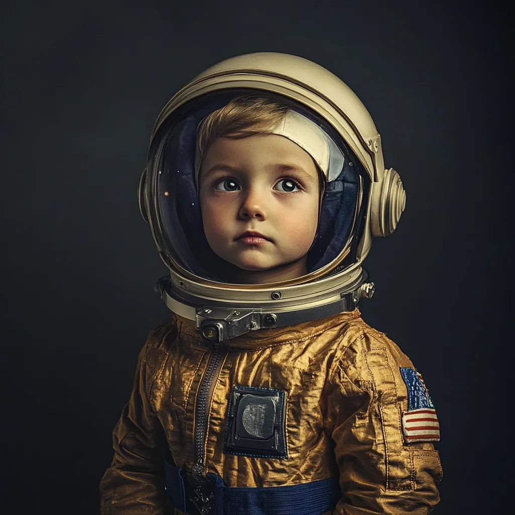 A young child, possibly a toddler, is pictured wearing a vintage-style astronaut helmet and spacesuit.  The child's expression is serious and contemplative, gazing off to the side. The gold spacesuit features an American flag patch. The dark background emphasizes the child and the helmet's reflective visor.  The image evokes a sense of wonder and dreams of space exploration.