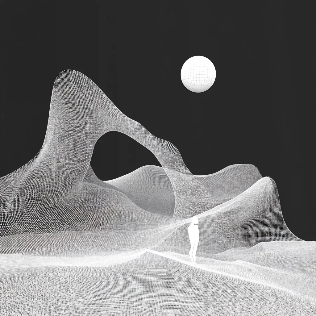 A minimalist digital artwork depicts a lone figure standing in a landscape of flowing, white, wireframe hills under a white sphere against a black background. The wireframe forms undulating curves and arches, creating a sense of depth and movement. The overall aesthetic is clean, modern, and suggestive of a futuristic or surreal environment.  The scene evokes feelings of isolation and contemplation.