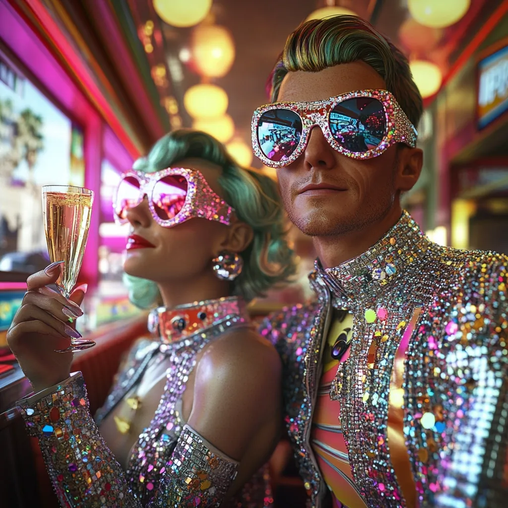 A stylish couple, adorned in dazzling sequined outfits and oversized, jeweled sunglasses, enjoys a celebratory champagne toast.  The vibrant, neon-lit interior suggests a glamorous, perhaps retro, setting.  The woman's teal hair and the man's iridescent hairstyle add to the overall extravagant and fashionable aesthetic.  Their expressions convey a sense of confident joy.