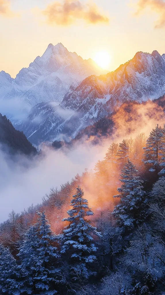 A breathtaking sunrise paints the snow-capped mountains in warm hues.  Misty clouds cling to the valleys, partially obscuring a snow-covered pine forest on the lower slopes. The sun's golden rays filter through the mist, creating a magical, ethereal atmosphere. The majestic peaks stand tall, bathed in the soft light of dawn, a scene of serene winter beauty.