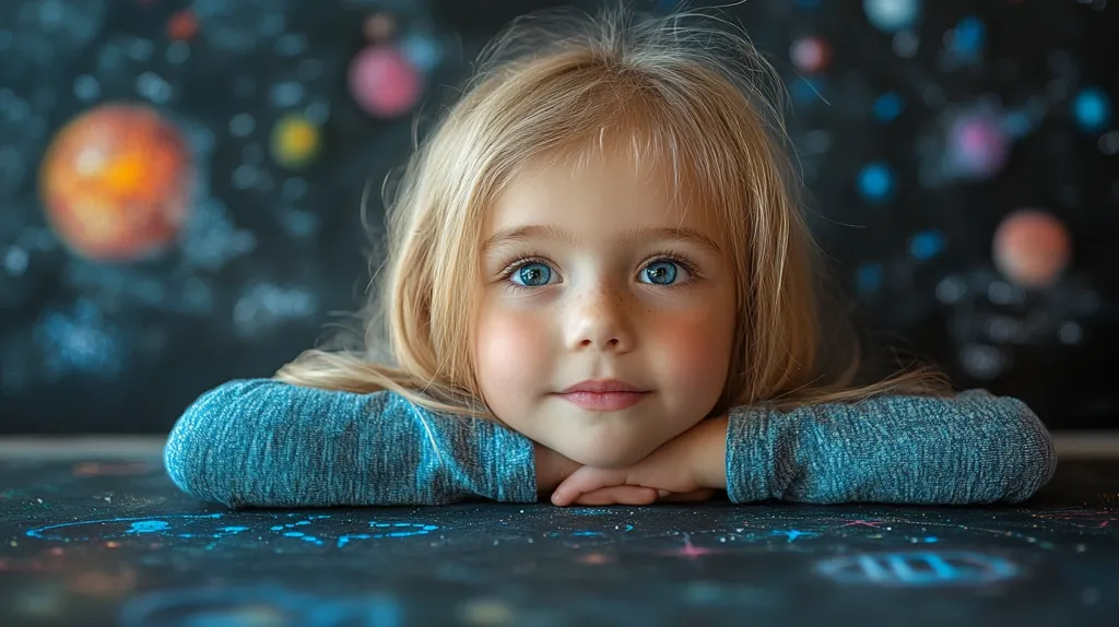 A young girl with long blonde hair and bright blue eyes rests her chin on her hands. She is wearing a teal long-sleeved shirt.  The background is a dark surface with a chalk drawing of a galaxy, planets, and stars, creating a dreamy, space-themed setting.  Her expression is serene and curious.