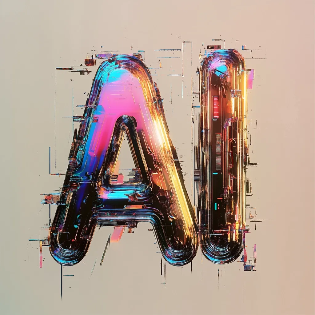 The letters "AI" are depicted in a stylized, futuristic design.  The letters appear three-dimensional and metallic, with a shimmering, iridescent surface reflecting a spectrum of colors.  A glitching or digital distortion effect surrounds the letters, adding a sense of technological dynamism and abstract energy. The overall aesthetic is vibrant and modern, suggestive of artificial intelligence and advanced technology.