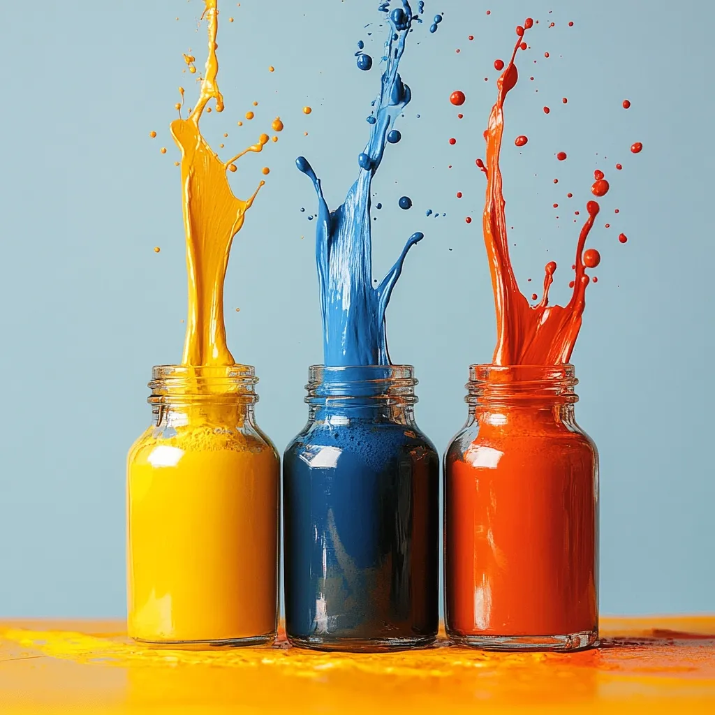 Three glass jars filled with vibrant yellow, blue, and red paint are shown against a light blue background.  Each jar has a dynamic splash of its respective color erupting from it, creating a visually striking image. The colors are bright and saturated, suggesting a lively and creative atmosphere. The spilled paint on the surface adds to the overall sense of energy and movement.