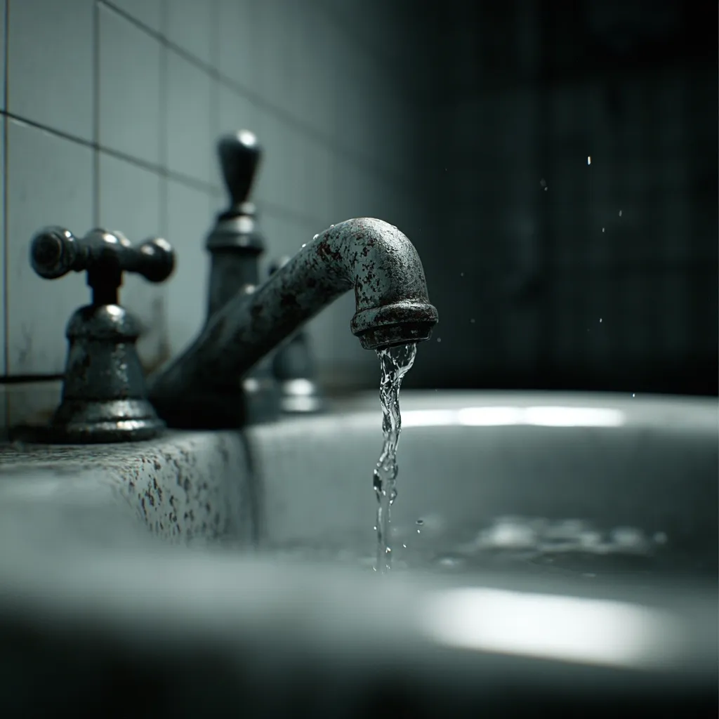 A close-up shot of an old, weathered faucet in a worn porcelain sink.  Water streams from the spout into the basin, creating a subtle splash.  The overall tone is dark and moody, emphasizing the age and texture of the plumbing fixtures. The scene suggests a sense of timelessness and perhaps neglect.
