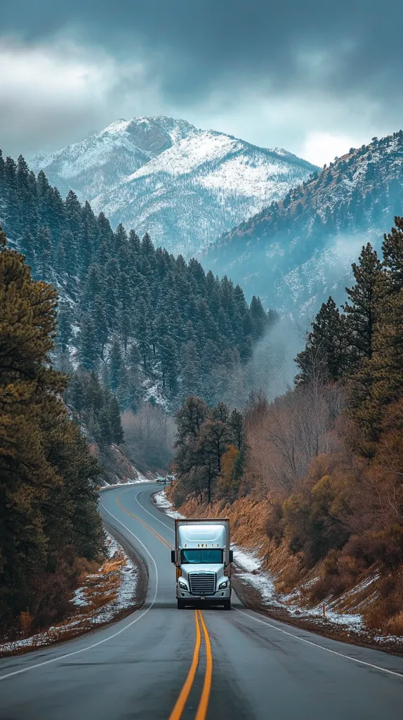 A lone semi-truck travels a winding mountain road.  Snow-dusted peaks rise majestically in the background, framed by evergreen forests.  The sky is a muted grey-blue, adding to the dramatic, yet serene atmosphere.  The scene evokes a sense of journey and the vastness of nature.  The road curves gently, disappearing into the distance.