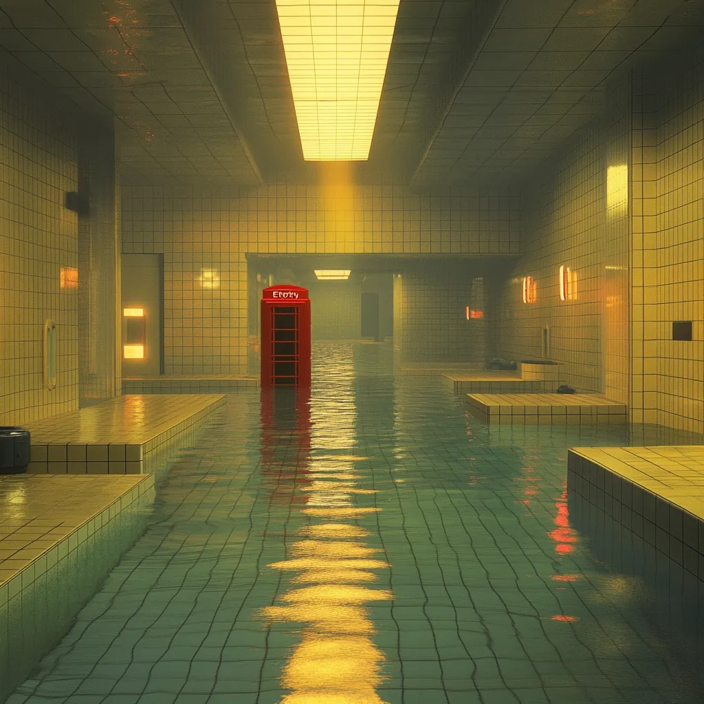 A long, submerged corridor, tiled in muted yellow, features a solitary red telephone booth standing in shallow water.  Soft, golden light streams from the ceiling, illuminating the eerily calm scene.  The space evokes a sense of quiet desolation, with empty benches lining the sides of the flooded hallway. The overall atmosphere is surreal and somewhat melancholic.