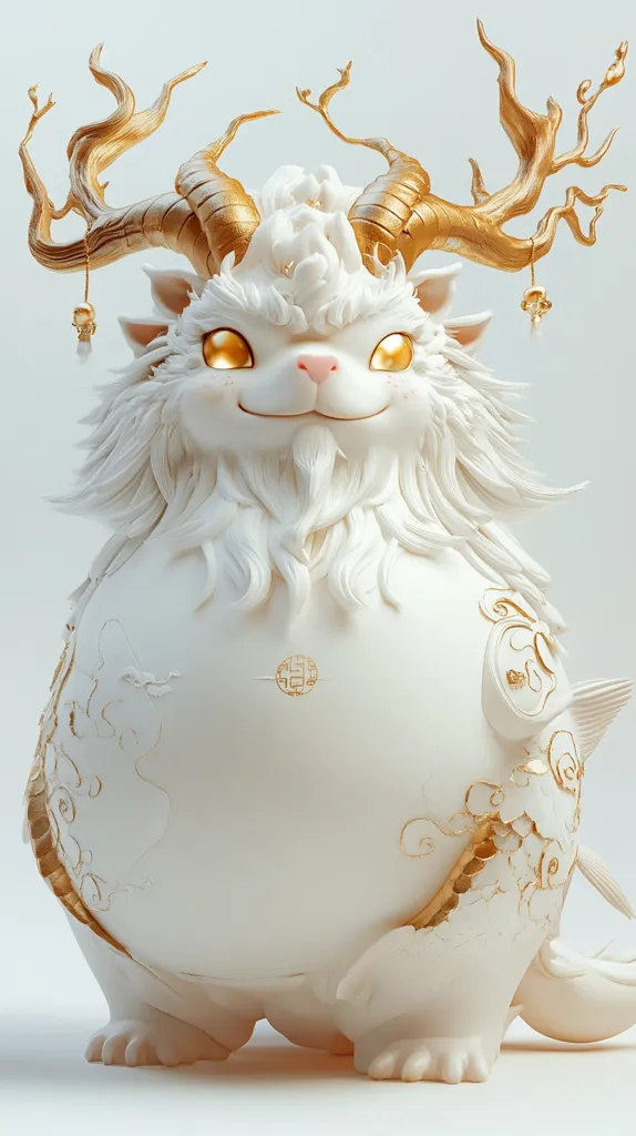 A charming, chubby creature, possibly a fantastical lion or similar beast, is depicted in a 3D rendering.  Its white fur is accented with gold detailing, including ornate antlers resembling branches and delicate patterns on its body.  The creature has large, expressive golden eyes and a contented expression.  The overall style blends elements of fantasy and traditional Asian art.