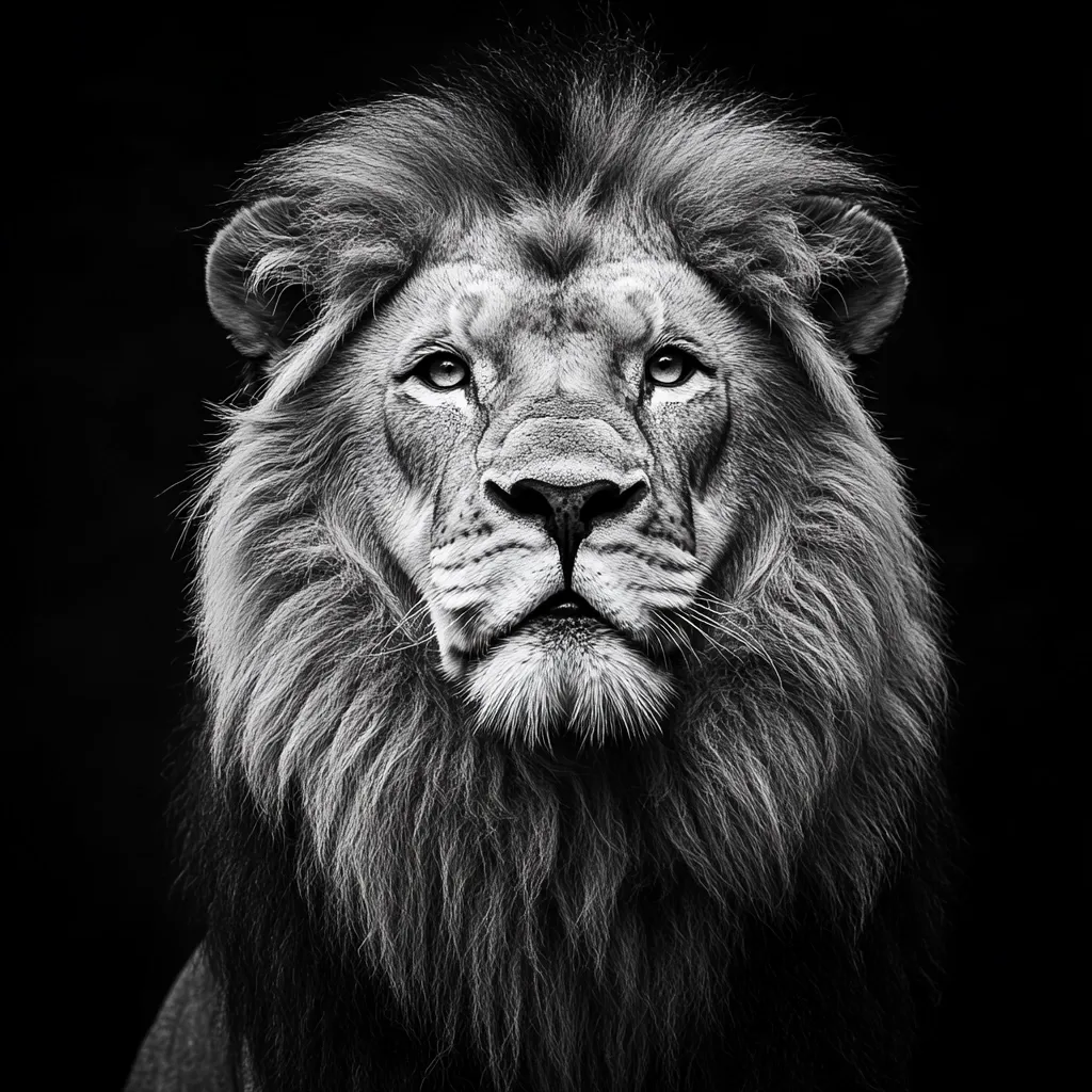 A majestic lion, captured in a striking black and white close-up, commands attention.  Its powerful gaze and full, flowing mane fill the frame against a stark dark background.  The image emphasizes the lion's regal presence and intricate details of its fur and features, creating a powerful and timeless portrait.