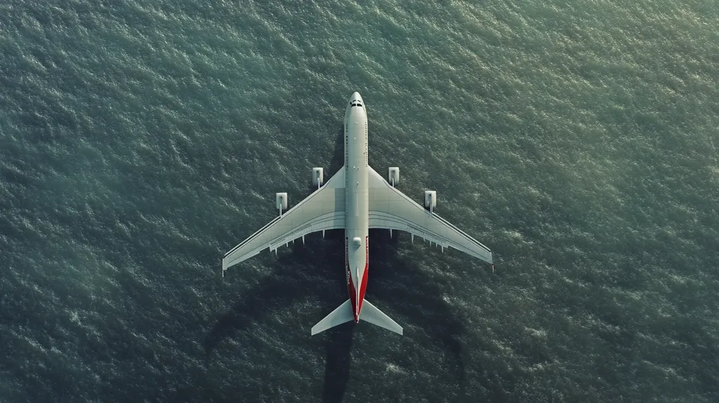 An overhead shot captures a large passenger airplane flying over a vast expanse of dark teal ocean water. The plane's wings are spread wide, and its shadow is faintly visible beneath it on the water's surface.  The image emphasizes the scale of the aircraft against the immensity of the sea.  The overall mood is one of serene vastness.