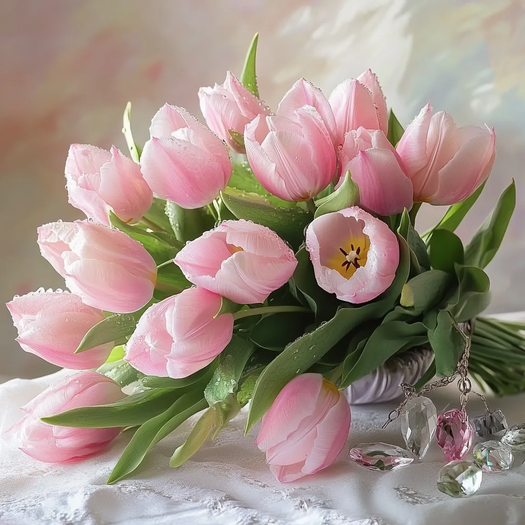 A bouquet of delicate pink tulips, adorned with glistening water droplets, rests on a white lace tablecloth. The tulips, arranged in a lush, overflowing manner, display a variety of shades of pink.  A shimmering crystal jewelry piece is artfully placed beside the vibrant blossoms, enhancing the overall romantic and elegant aesthetic of the image. The soft background subtly complements the flowers' beauty.
