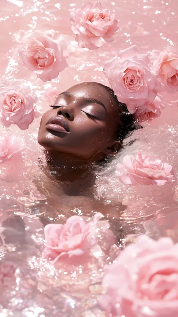 A dark-skinned woman with closed eyes serenely floats in a bath of pink water, surrounded by delicate pink roses.  The water is shimmering, creating a dreamy, ethereal atmosphere.  The image evokes feelings of peace, luxury, and beauty. The roses rest gently on the water's surface and around the woman's head.