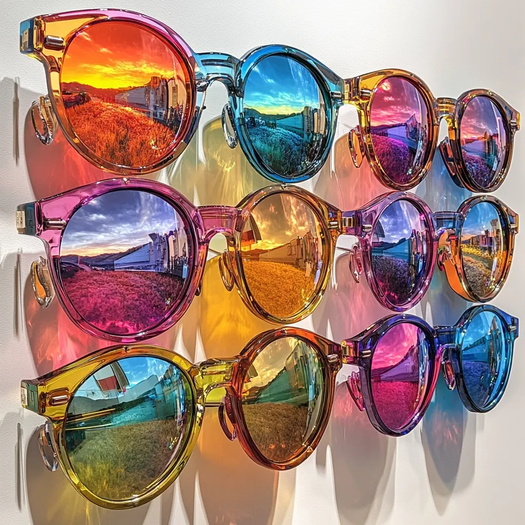 Six pairs of vibrant, round sunglasses are displayed, each reflecting a unique landscape. The lenses showcase a spectrum of colors, from fiery oranges and deep purples to calming blues and greens.  Each pair is slightly different in hue, creating a rainbow effect.  The reflections suggest a scenic vista, possibly a field or body of water, visible in the mirrored lenses.  The sunglasses are arranged neatly in overlapping rows.