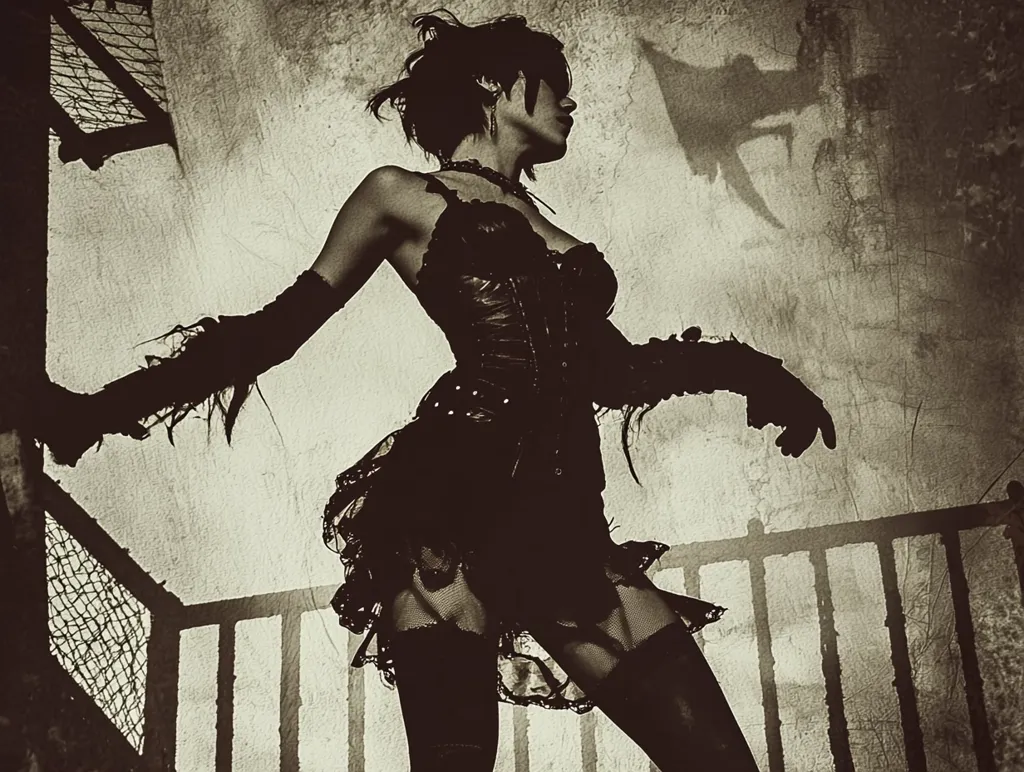 A sepia-toned image portrays a woman in gothic attire, standing on a weathered staircase.  Her dark corset, lace-trimmed skirt, and long gloves create a dramatic silhouette against the grunge backdrop.  A shadowy, beast-like form is projected on the wall behind her, adding to the mysterious and slightly menacing atmosphere. The overall composition evokes a sense of intrigue and darkness.