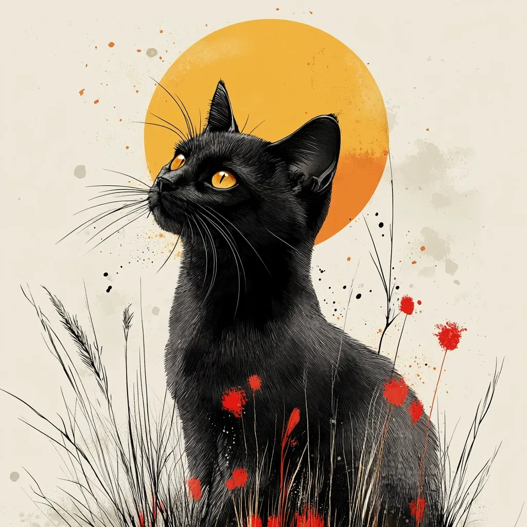 A stylized illustration features a black cat with luminous yellow eyes, sitting amidst tall grasses and small red flowers.  The cat is positioned against a large, warm orange circle, reminiscent of a sun or moon, creating a dramatic contrast. The art style is detailed and graphic, with a focus on texture and atmospheric elements, conveying a sense of serenity and mystery.