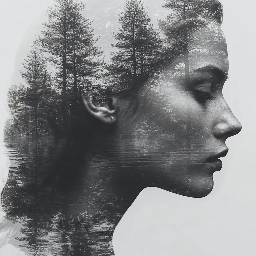 A monochrome double exposure image depicts a woman's profile superimposed with a serene landscape.  Tall, dark trees reflected in still water fill the contours of her face and hair.  The effect is ethereal and contemplative, suggesting a connection between inner peace and the natural world.  Her eyes are closed, conveying a sense of tranquility.