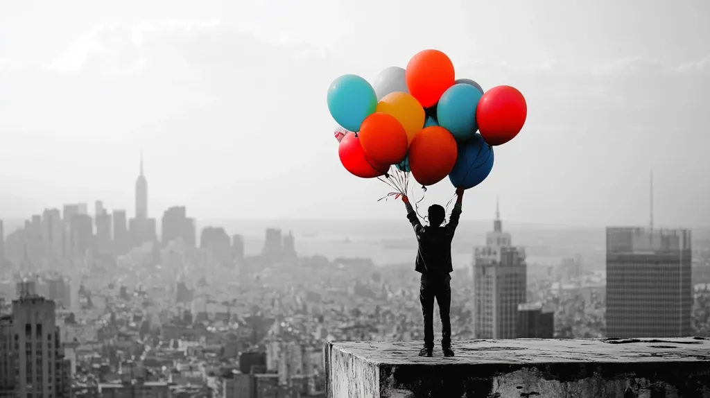 A person stands on a rooftop in a grayscale city, arms raised, holding a bunch of brightly colored balloons.  The balloons—red, orange, blue, and yellow—pop against the monochromatic backdrop of the urban landscape, creating a striking contrast. The scene evokes a feeling of hope, freedom, or escaping the mundane.  The city skyline stretches into the distance, hinting at a vast and potentially overwhelming world.