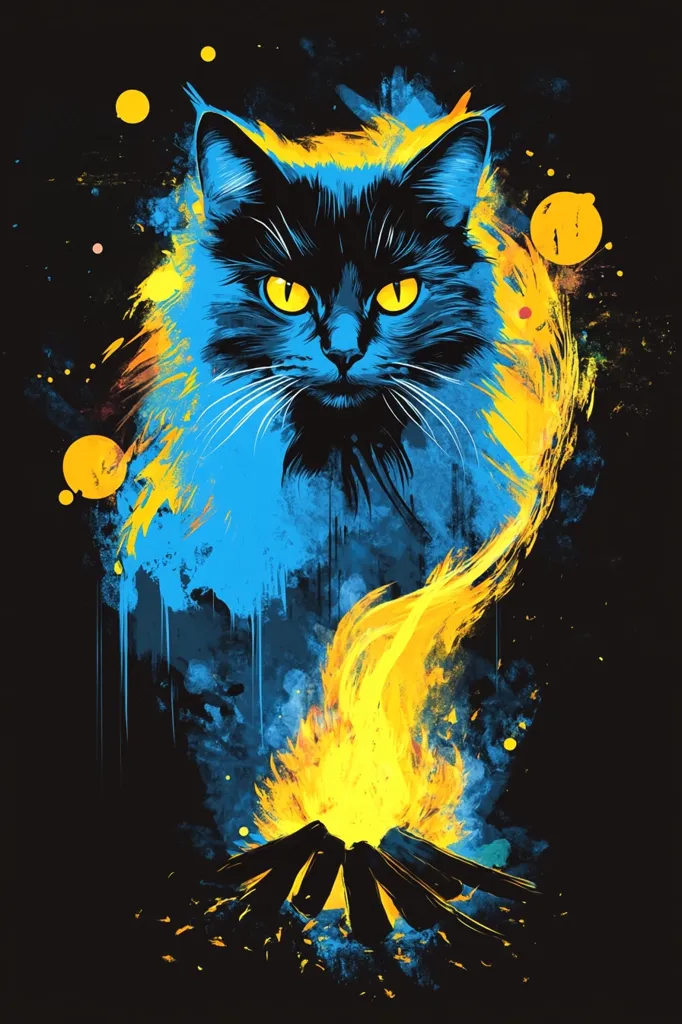 A stylized depiction of a black cat, rendered in shades of blue and yellow. The cat's form is partially obscured by vibrant, abstract splashes of color, suggesting movement and energy.  Below, a campfire glows with bright yellow flames, its embers and logs rendered in dark strokes, creating a striking contrast against the cat's cool tones. The overall style is reminiscent of digital painting or a splatter-paint effect, with a dark background enhancing the vivid colors.
