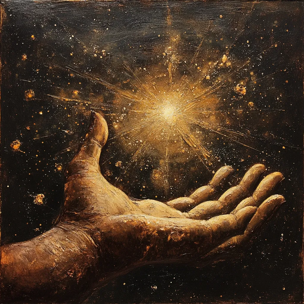 A painting depicts a large, outstretched hand gently cradling a brilliant, golden light emanating from a dark, starry background.  The hand is rendered with textured, earthy tones, contrasting with the radiant, explosive light source above it. The overall style suggests a cosmic, possibly divine, theme of creation or holding power. The dark background is speckled with golden particles, enhancing the ethereal quality.