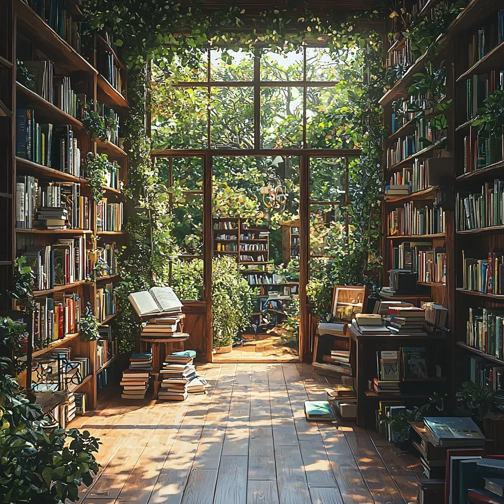 Sunlight streams through a large window overlooking a lush garden, illuminating a charming library filled with wooden bookshelves overflowing with books.  Stacks of books are scattered on the floor and a small table. Vines drape from the ceiling, adding to the enchanting, peaceful atmosphere.  A comfortable chair sits near a side table piled high with more books, creating a tranquil and inviting reading space.