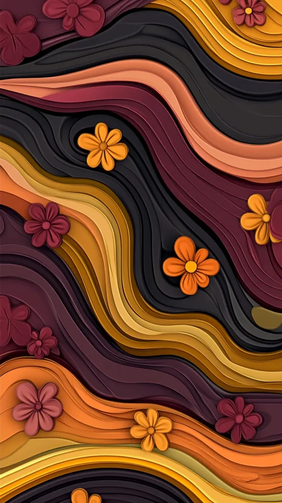 An abstract illustration features layers of wavy, overlapping shapes in autumnal colors.  Deep burgundies, oranges, and golds create a flowing, three-dimensional effect.  Stylized flowers in coordinating colors are scattered throughout the design, adding pops of detail against the textured background. The overall impression is one of warmth and organic movement.