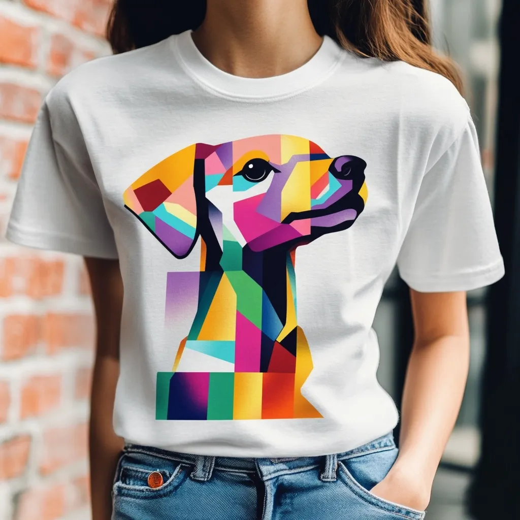 A woman models a white t-shirt featuring a vibrant, geometrically designed dog. The dog's image is rendered in a colorful, Cubist style, with bold blocks of yellow, pink, purple, green, and blue.  The shirt is short-sleeved and the woman is wearing blue jeans. The overall aesthetic is modern and playful.