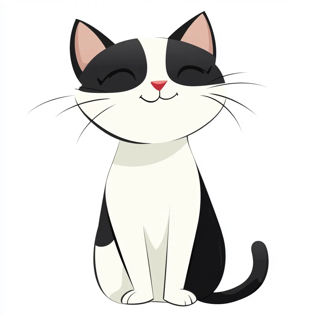 A cute cartoon cat, predominantly white with black patches, sits with its eyes closed in a peaceful expression.  The cat's design is simple yet charming, featuring a small, red nose and delicate whiskers.  It is depicted against a plain white background, making the cat the focal point of the image. The overall style is friendly and inviting.