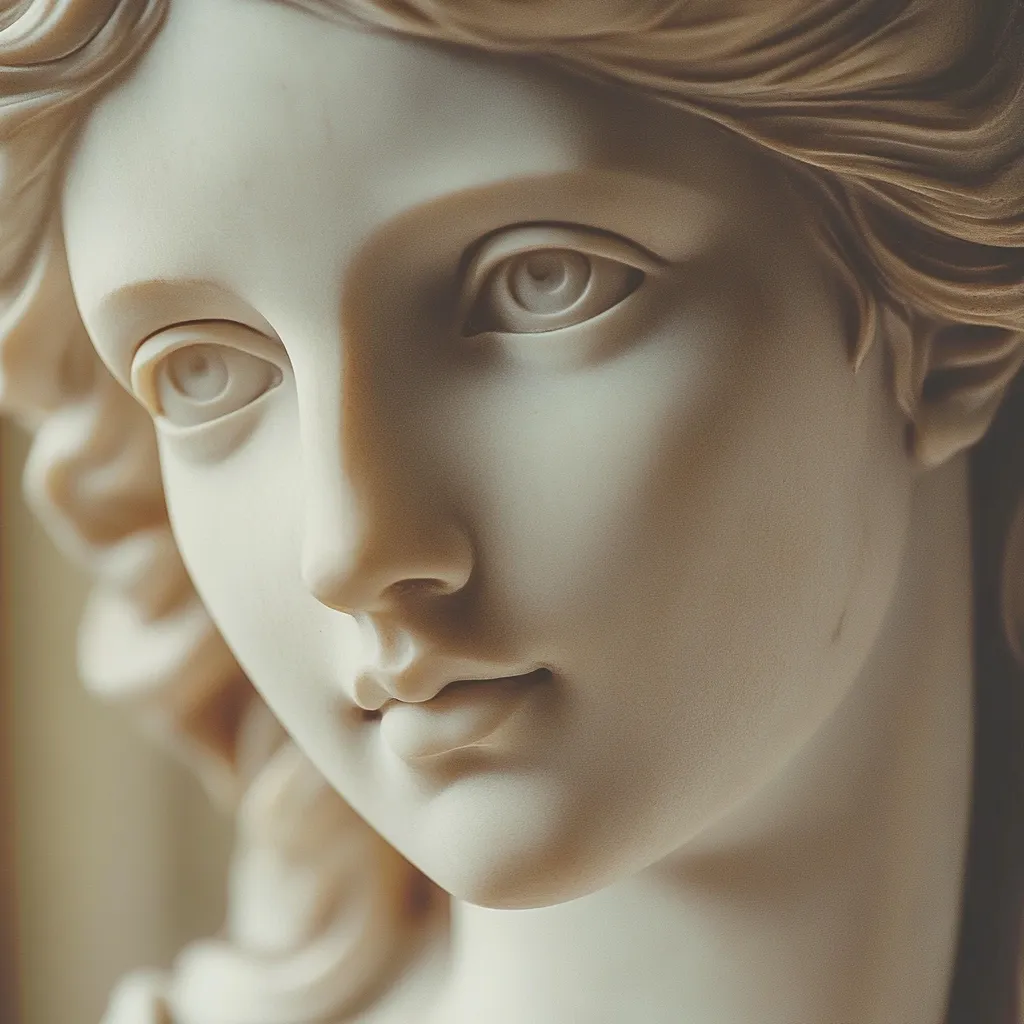 A close-up of a classical marble sculpture depicting a serene woman's face.  Her eyes are gently closed, her lips are softly parted, and her hair is styled in flowing waves. The smooth texture of the marble and the soft light create a sense of timeless beauty and tranquility. The sculpture exudes a sense of peace and classical elegance.