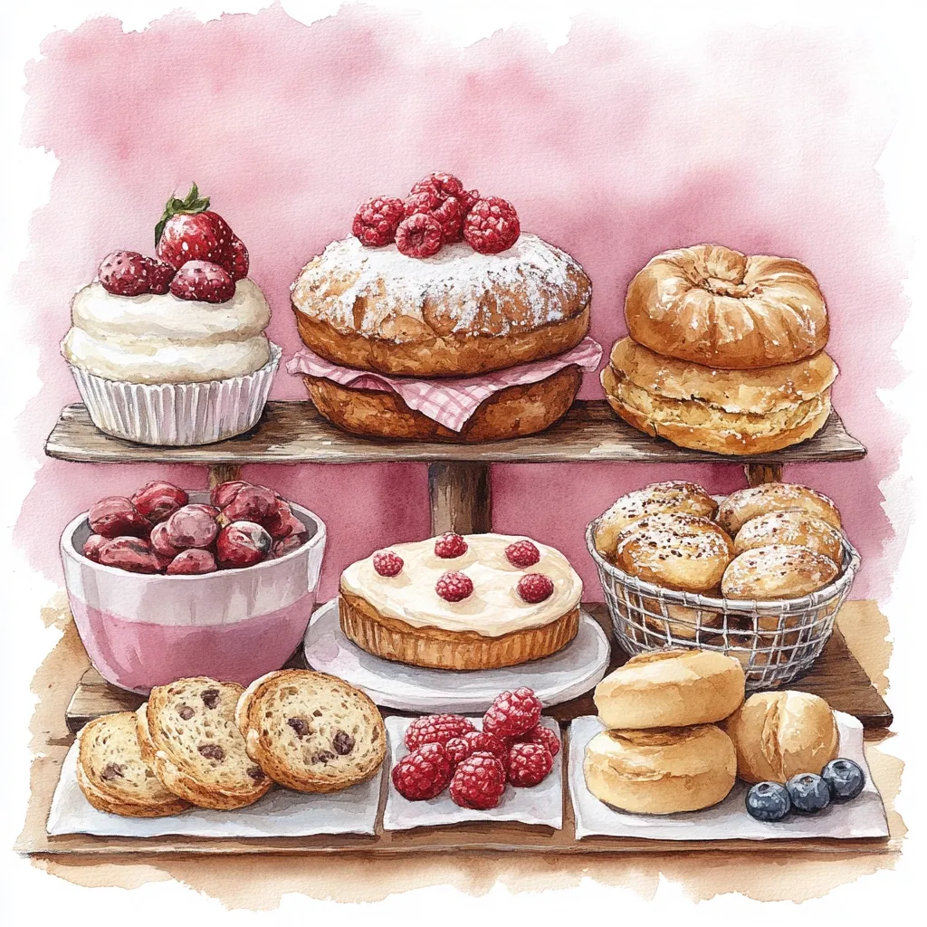 A watercolor painting showcases a delightful array of pastries and berries arranged on a two-tiered wooden stand.  The top tier features a strawberry cupcake, a double-layered raspberry cake, and a stack of croissants.  The lower tier displays a bowl of red berries, a raspberry tart, a basket of bread rolls, and a stack of scones, accompanied by more raspberries and blueberries. The overall aesthetic is charming and evokes a feeling of a cozy tea party.