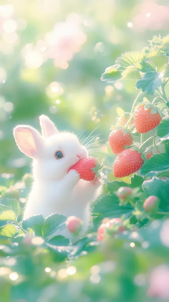 A fluffy white rabbit sits amidst a vibrant strawberry patch, delicately nibbling on a ripe, red strawberry.  The scene is bathed in soft, sunlit hues, creating a dreamy, idyllic atmosphere.  Green leaves and bokeh effects enhance the image's whimsical charm, evoking a feeling of springtime innocence and sweetness.