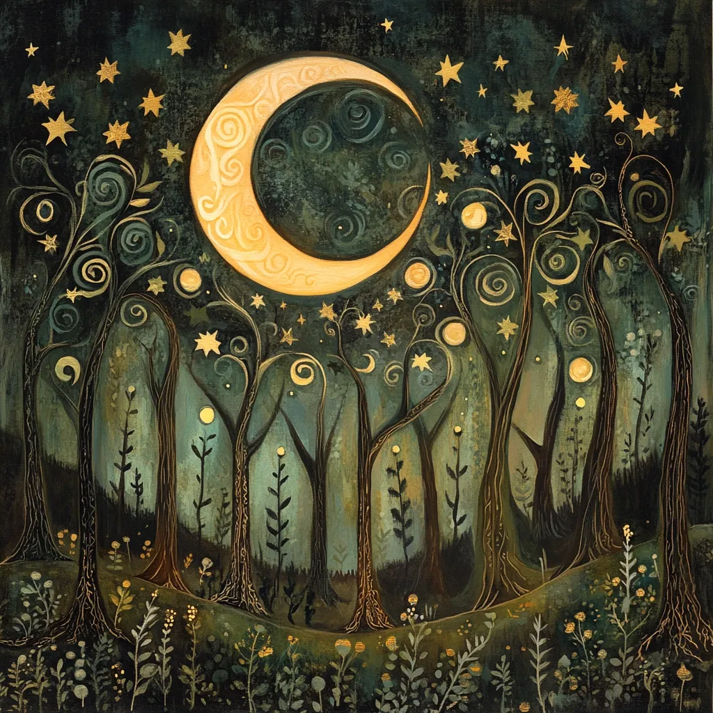 A crescent moon, glowing gold, hangs over an enchanted forest.  Swirling, stylized trees stand tall, adorned with golden stars and glowing orbs.  The dark teal and gold palette creates a mystical atmosphere.  Small plants and flowers dot the forest floor, adding to the dreamlike quality of the artwork. The overall impression is one of serene magic and otherworldly beauty.