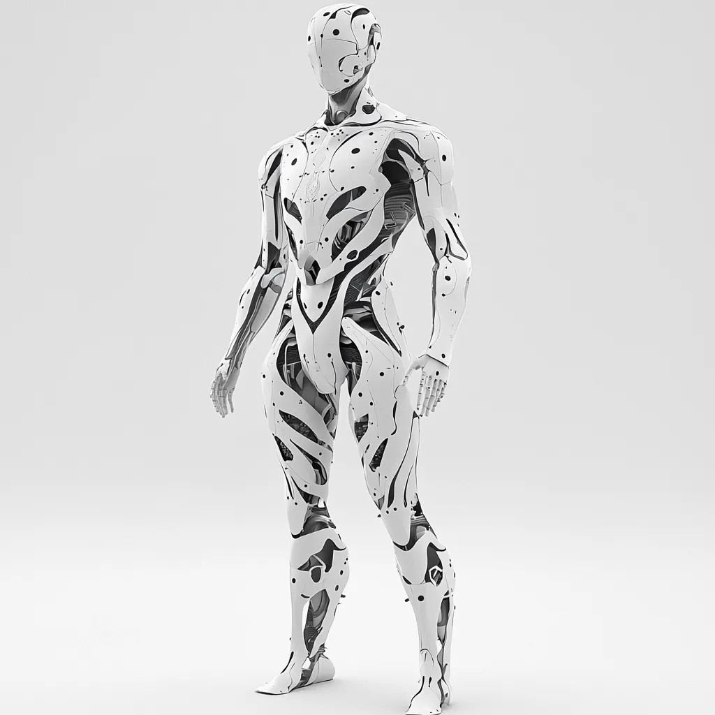 A 3D rendering showcases a humanoid robot, predominantly white with intricate black detailing.  Its design is highly articulated, revealing internal mechanisms and a skeletal structure beneath the outer shell. The robot stands in a relaxed pose against a plain white background, its form suggesting advanced robotics and futuristic design.  The image emphasizes the robot's detailed construction and mechanical aesthetics.