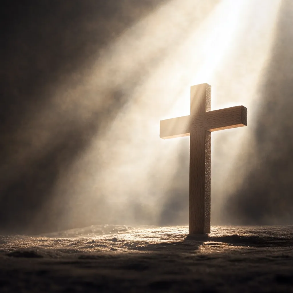 A wooden cross stands on a dusty ground, bathed in a single, bright beam of light piercing through a smoky, dark atmosphere.  The light illuminates the cross, creating a dramatic and evocative image symbolic of faith, hope, and resurrection. The scene is somber yet powerful, suggesting a spiritual presence.