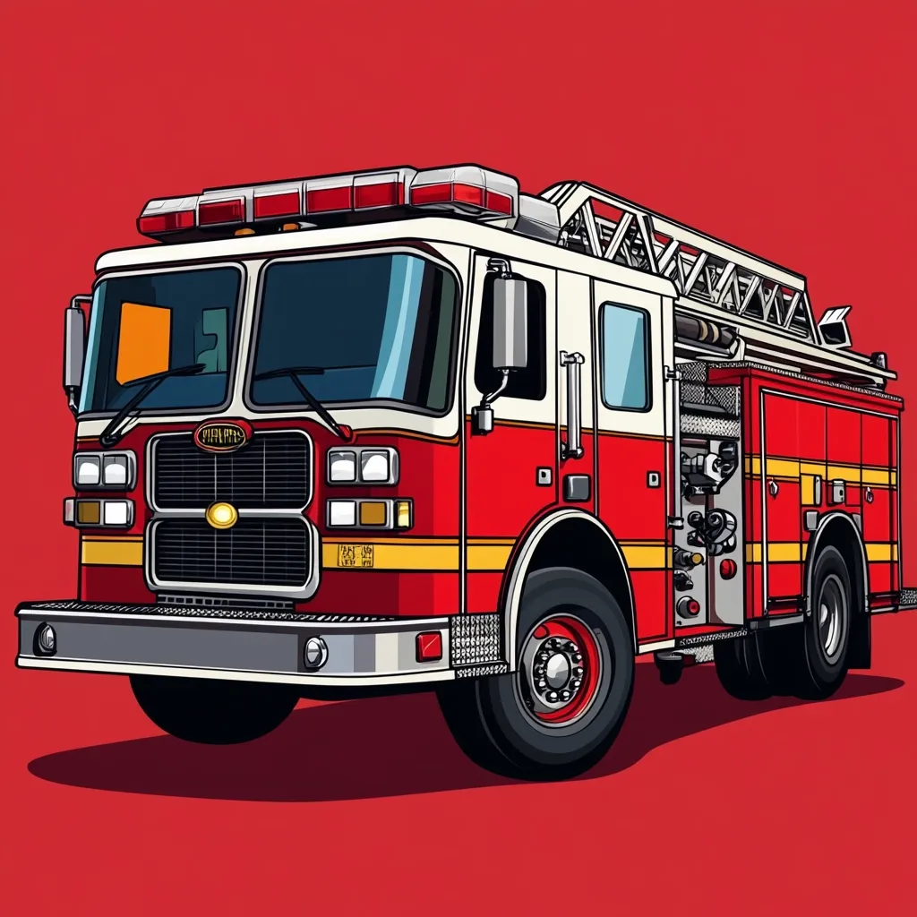A vibrant illustration showcases a classic red firetruck, complete with a towering ladder and gleaming chrome accents.  The vehicle is meticulously detailed, from the flashing lights atop the cab to the intricate hose reel and equipment compartments.  The bold red and yellow color scheme is set against a solid red background, emphasizing the firetruck's powerful presence. The style is reminiscent of vintage firetruck posters or cartoons.