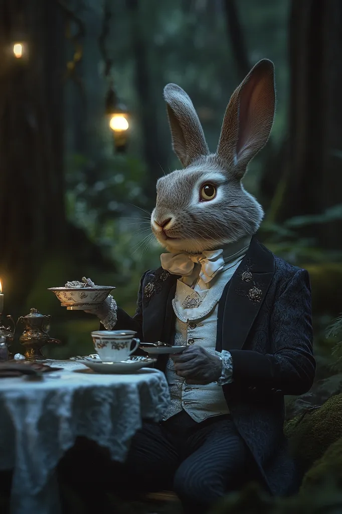 A rabbit in a dapper dark suit and bow tie sits at a table in a dimly lit forest setting.  Candles and hanging lights illuminate the scene as the rabbit enjoys an elegant tea party.  He holds a small bowl and a delicate teacup, creating a whimsical and surreal atmosphere.  The overall mood is mysterious and enchanting.